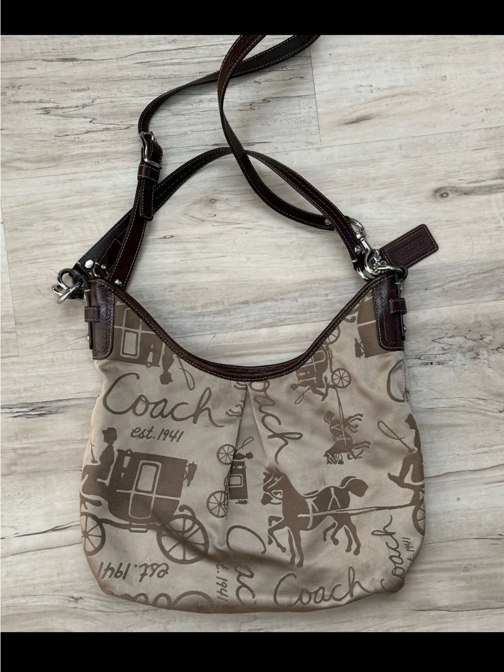 Coach Horse & Carriage Sateen Hobo Shoulder Bag Brown Leather Trim Style F14480